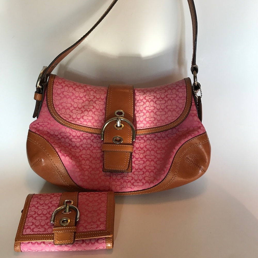 Coach Pink Logo Print and Leather Purse w Wallet