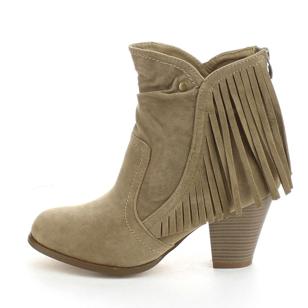 Tan V Cut Fringe Ankle Booties - Picture 4 of 6