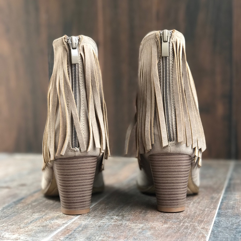 Tan V Cut Fringe Ankle Booties - Picture 6 of 6