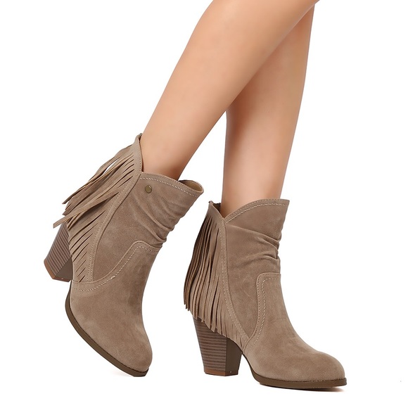 Tan V Cut Fringe Ankle Booties - Picture 2 of 6