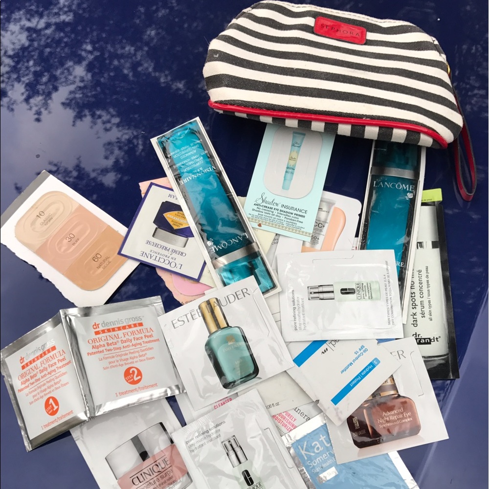 Striped Sephora makeup bag with samples