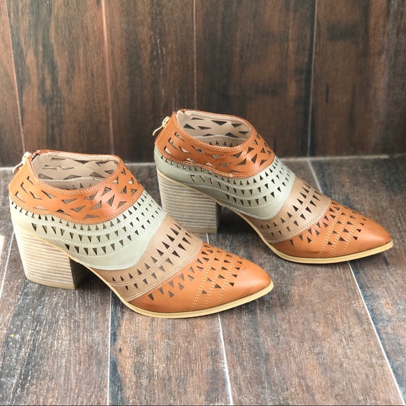 Pointy Toe Laser Cut Distressed Ankle Booties - Picture 2 of 4