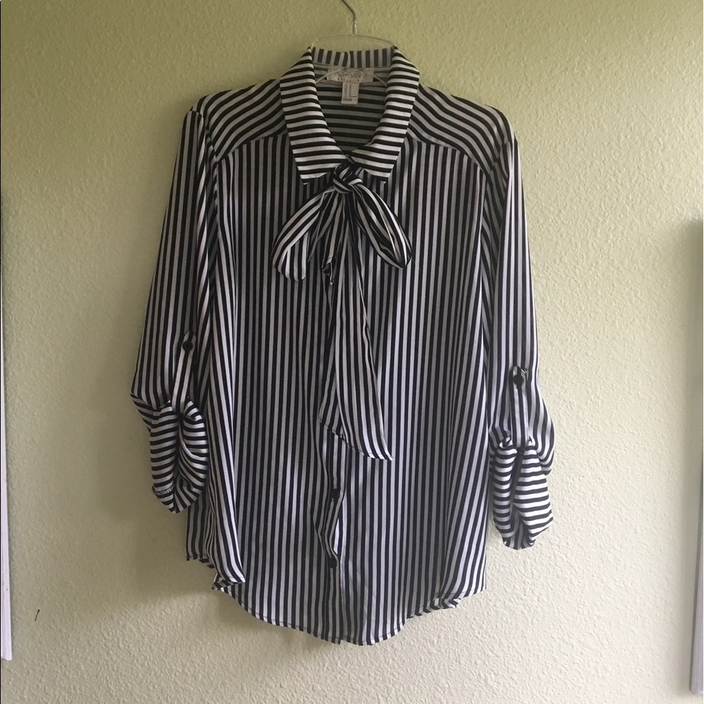 Striped Black & White Bow Tie Blouse