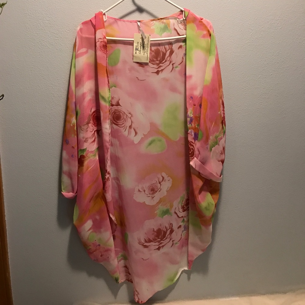 Roses on pink sheer open tunic.
