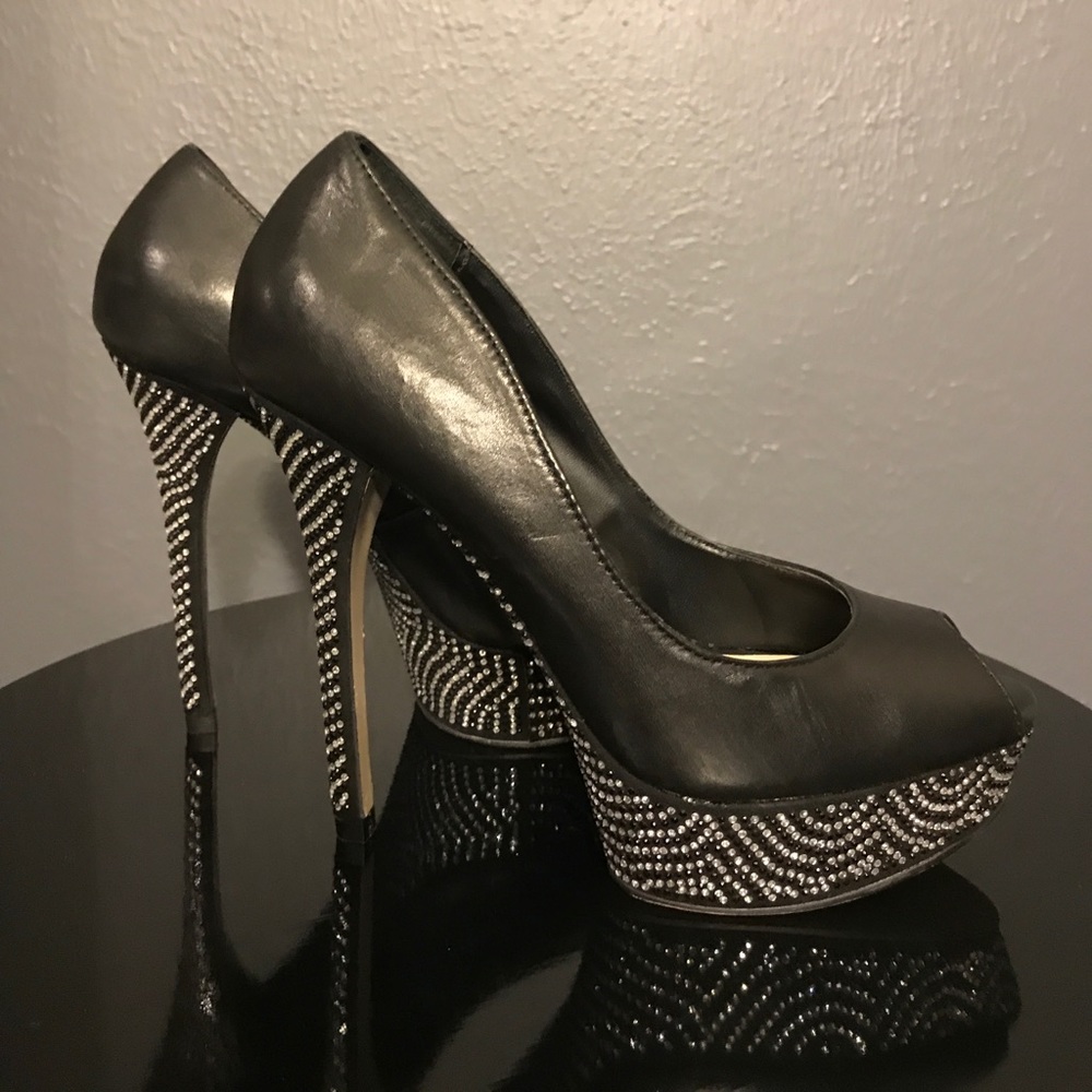 Leather Rhinestone Peep Toe Heels