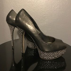 Leather Rhinestone Peep Toe Heels