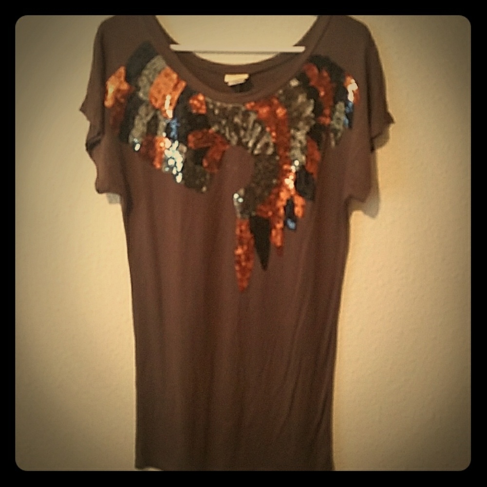 Dark green-taupe colored tunic, sequins
