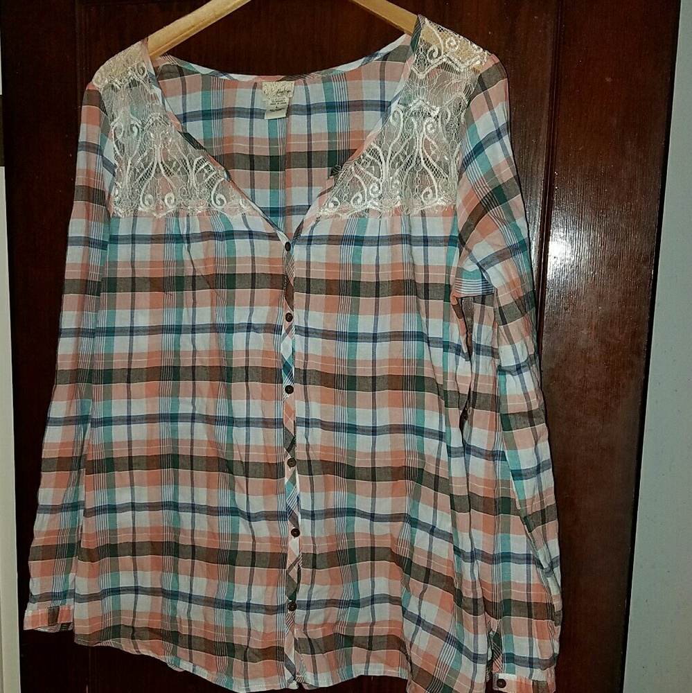 Daytrip Plaid and Lace Button Down Top.