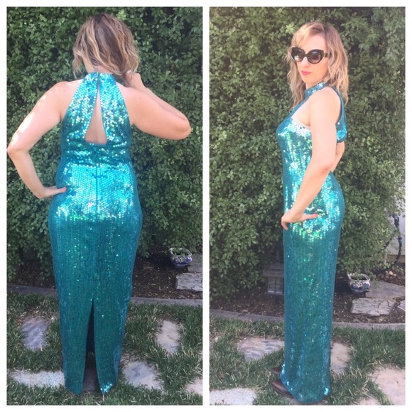 Vintage Teal Sequin Cage Gown Pageant - Picture 3 of 4