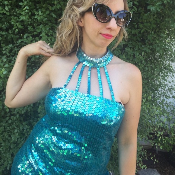 Vintage Teal Sequin Cage Gown Pageant - Picture 4 of 4