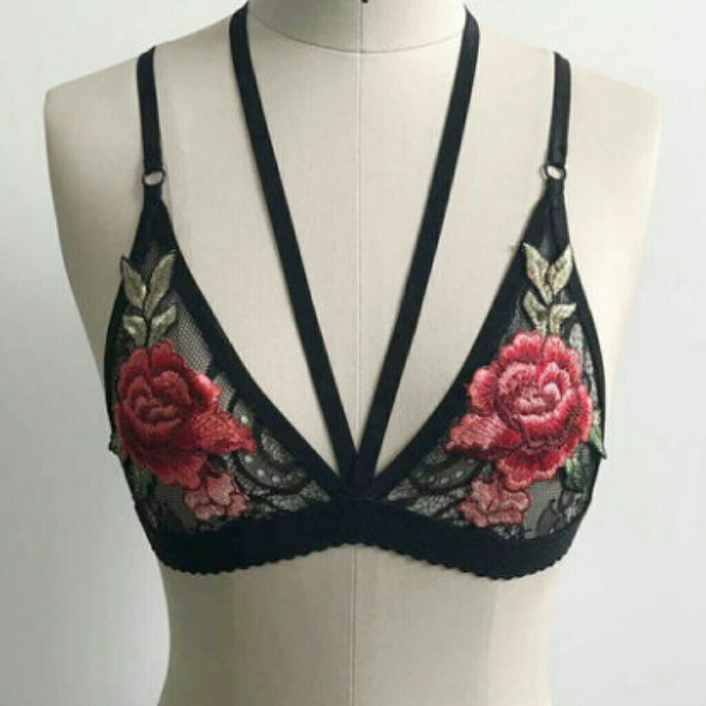 Sexy Embroidered Rose Harness Bra - Picture 2 of 5