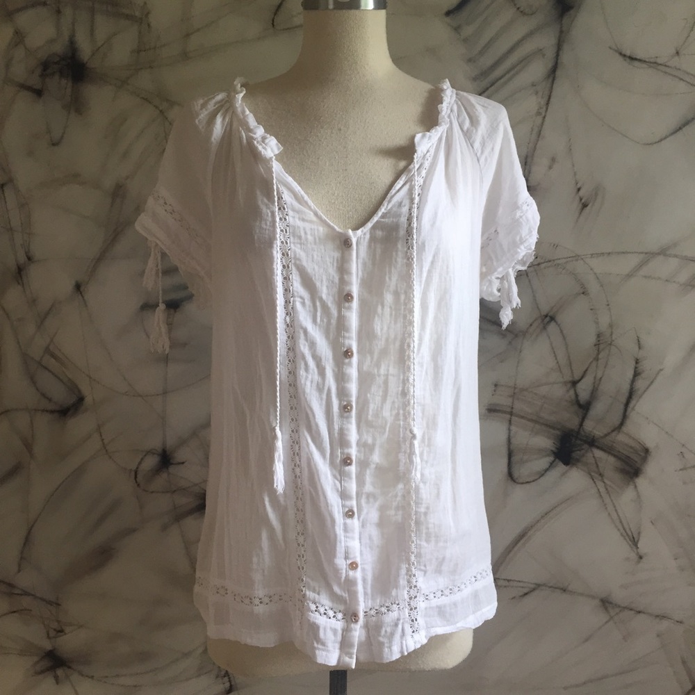 Joie White Cotton Short Sleeve Peasant Shirt