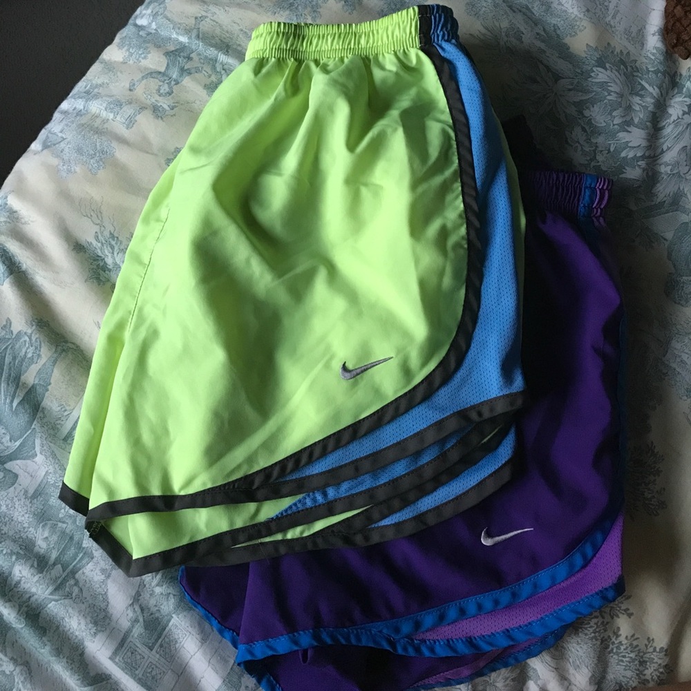 Two Nike Running Shorts (Neon Green and Purple)