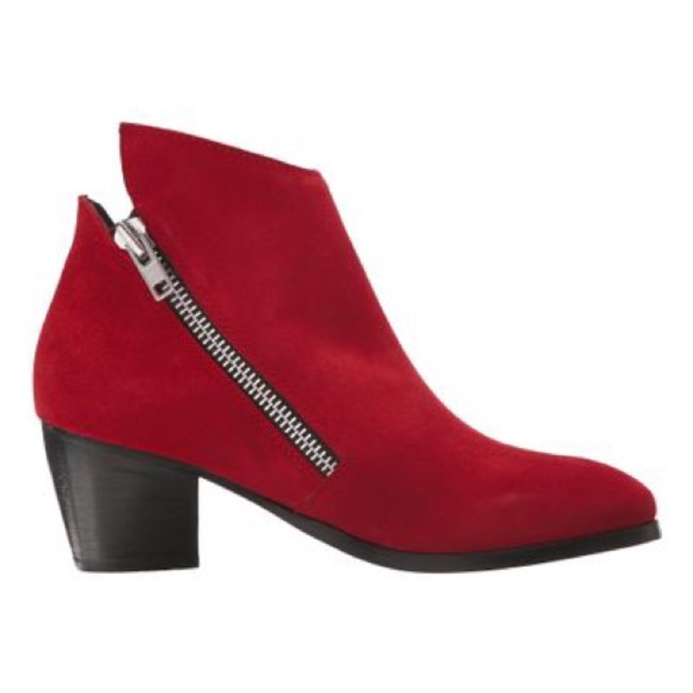 NEW Ruby Red Asymmetrical Double Zip Ankle Bootie - Picture 2 of 6