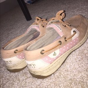 Tan with pink and white polka dot sperrys