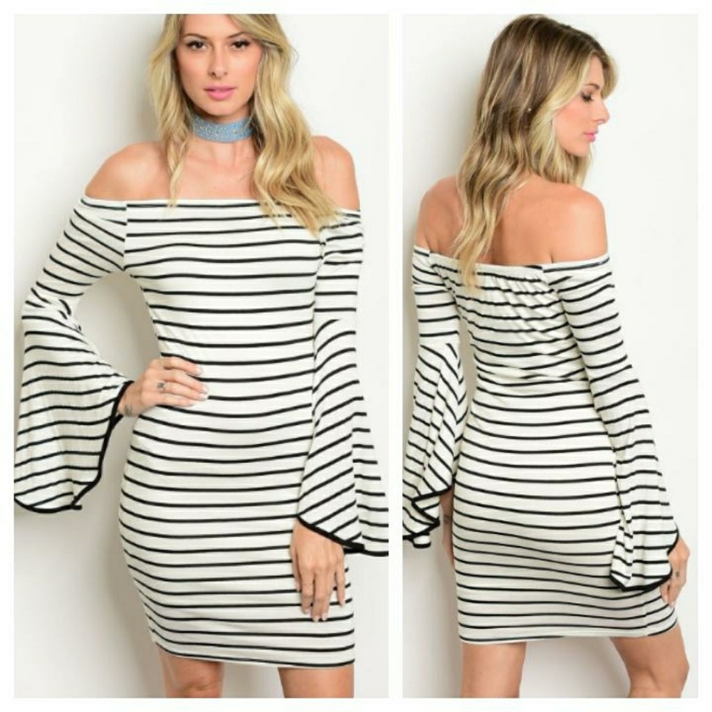 BOUTIQUE Ivory black stripe off shoulder dress