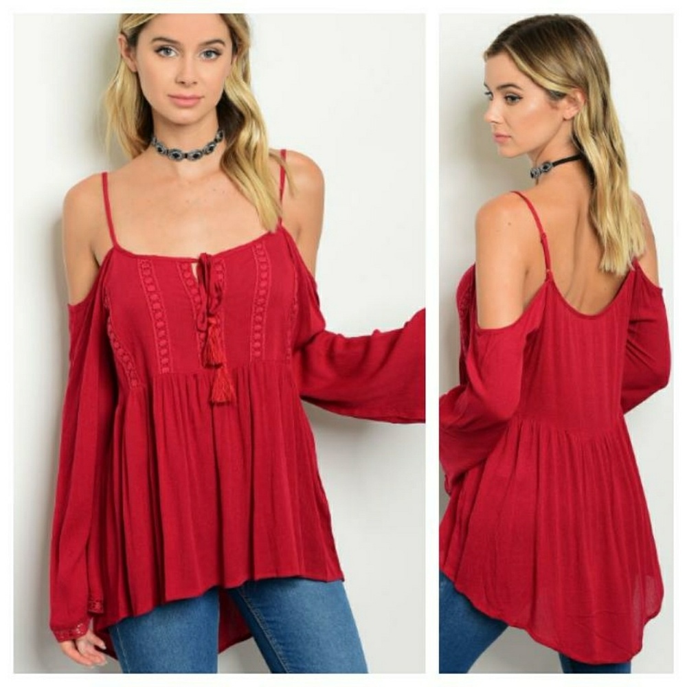 BOUTIQUE Burgundy Cold Shoulder Top