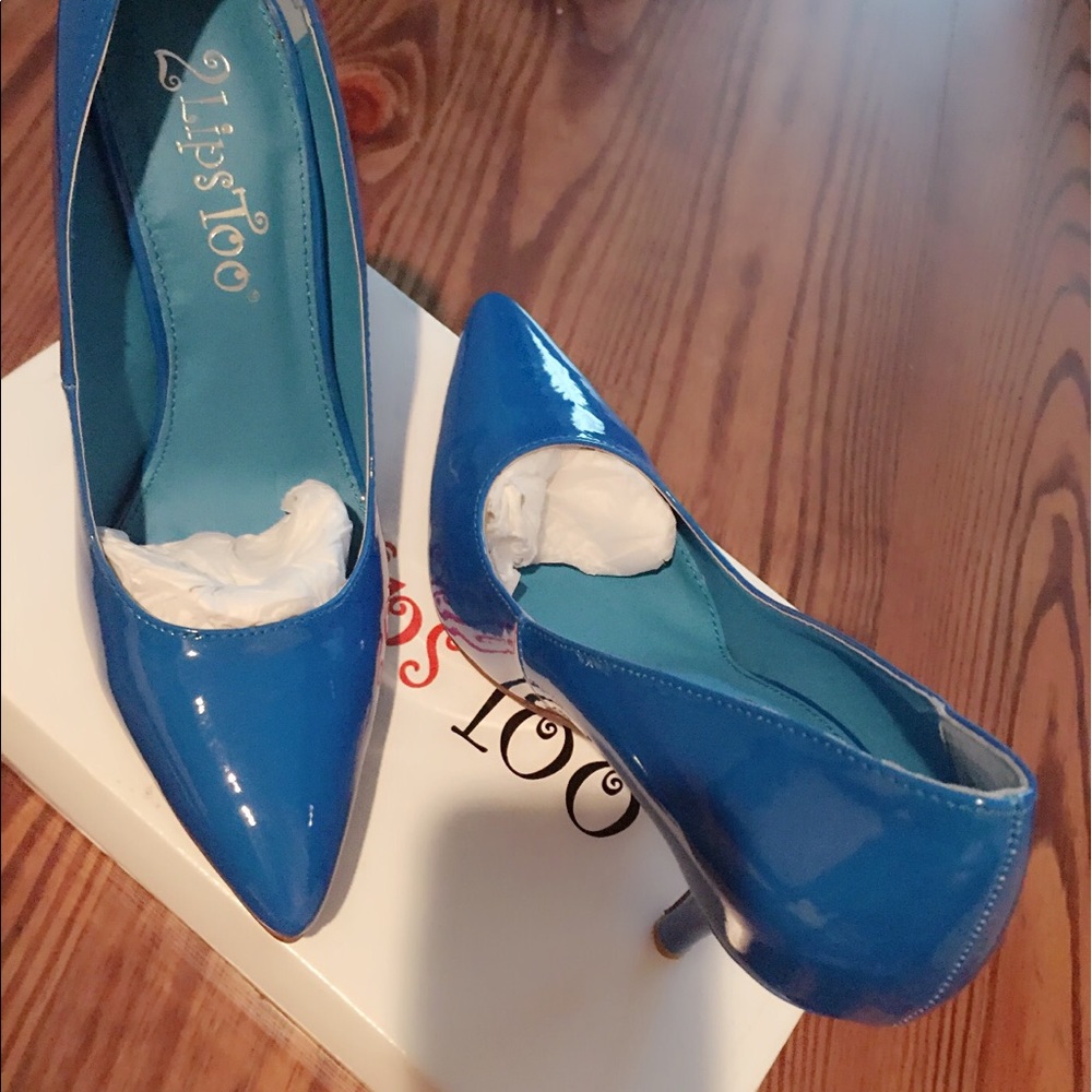 2 Lips Too blue patent leather heels