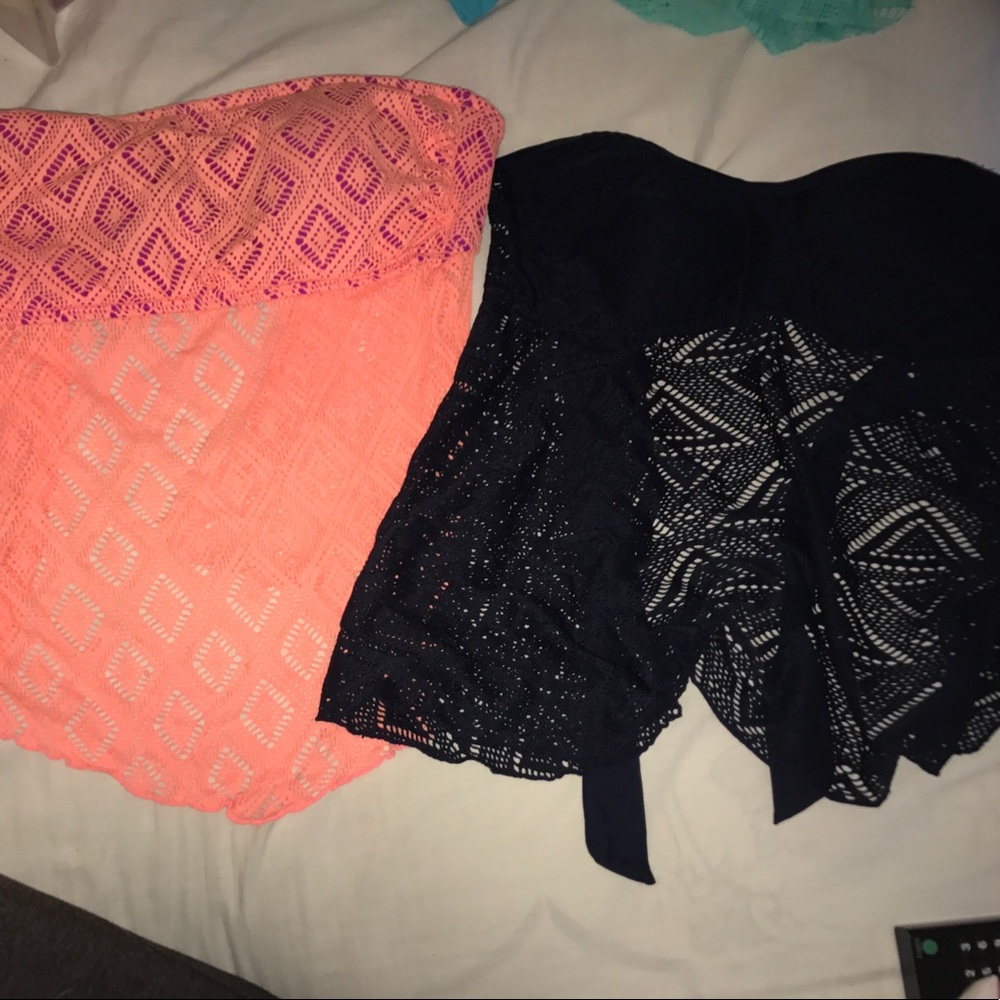 Coral tankini and navy blue tankini.