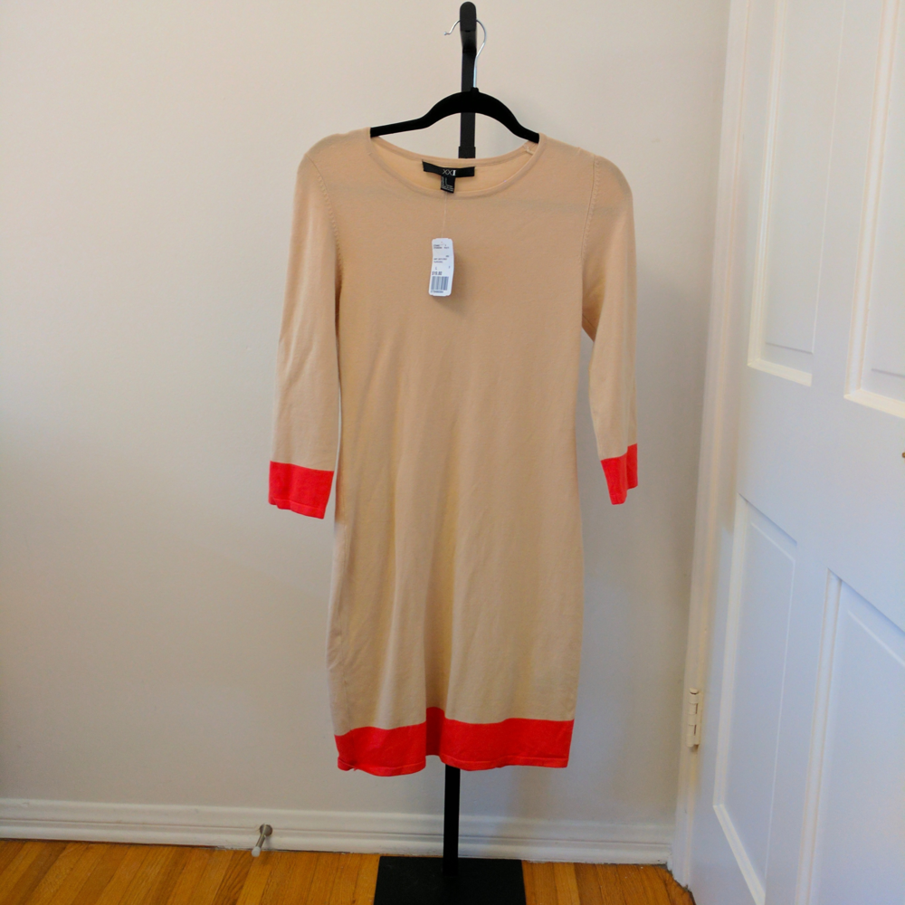 NWT tan light sweater dress with red banding
