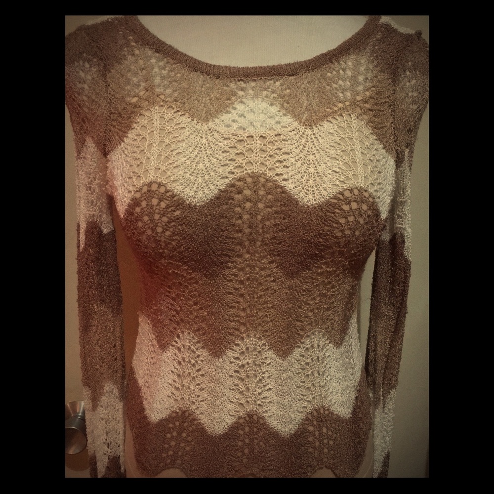 Bebe Bell-Sleeve Crochet Feather-Knit Sweater - XS
