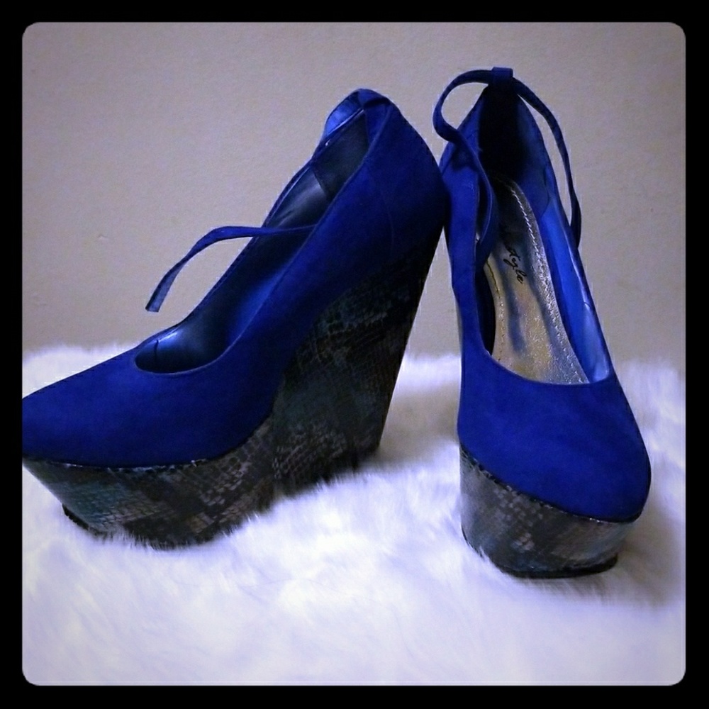 Blue ankle strap wedges