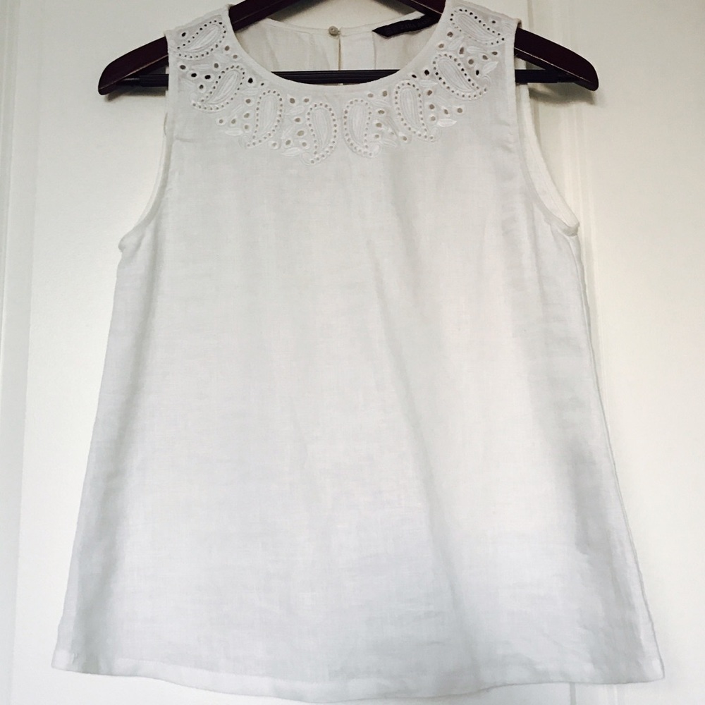 Zara Sleeveless linen blouse w/ embroidered detail