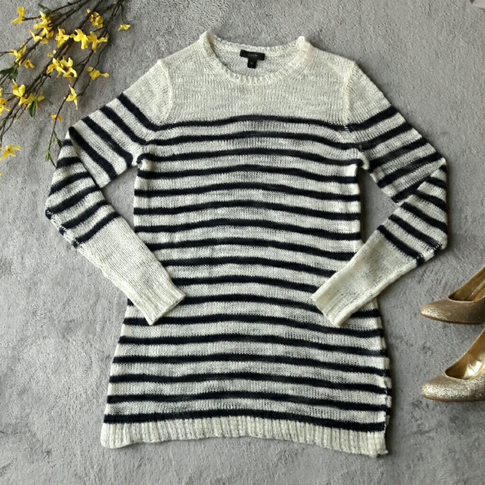 J. Crew Navy Blue Striped Sweater Top Wool Blend