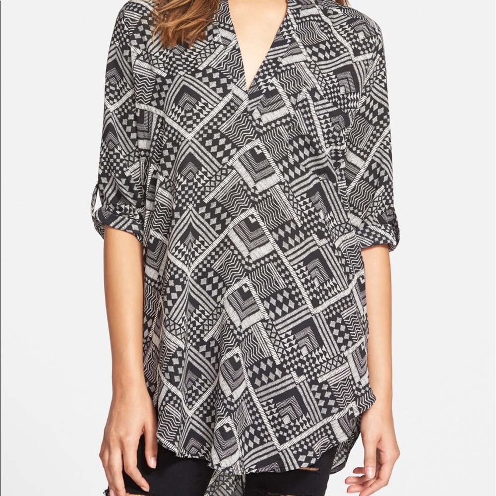 Lush Perfect Roll Tab Sleeve Tunic Aztec Print