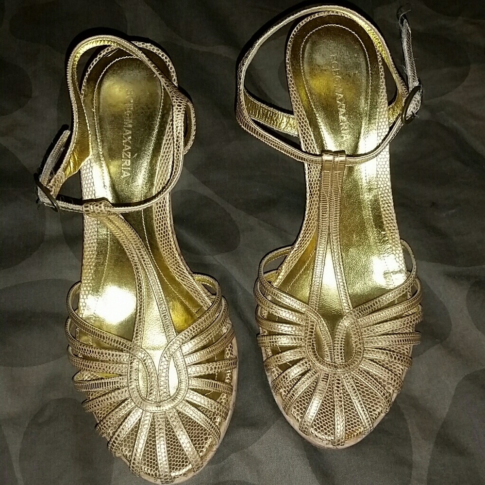 BCBG MAX AZRIA gold & cork wedges sandals shoes