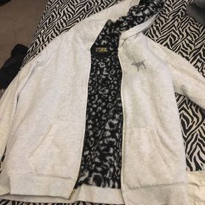 Pink fur lined hoodie leopard print inside