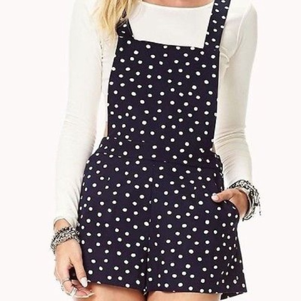 Navy Polka Dot One Piece Overalls/Romper