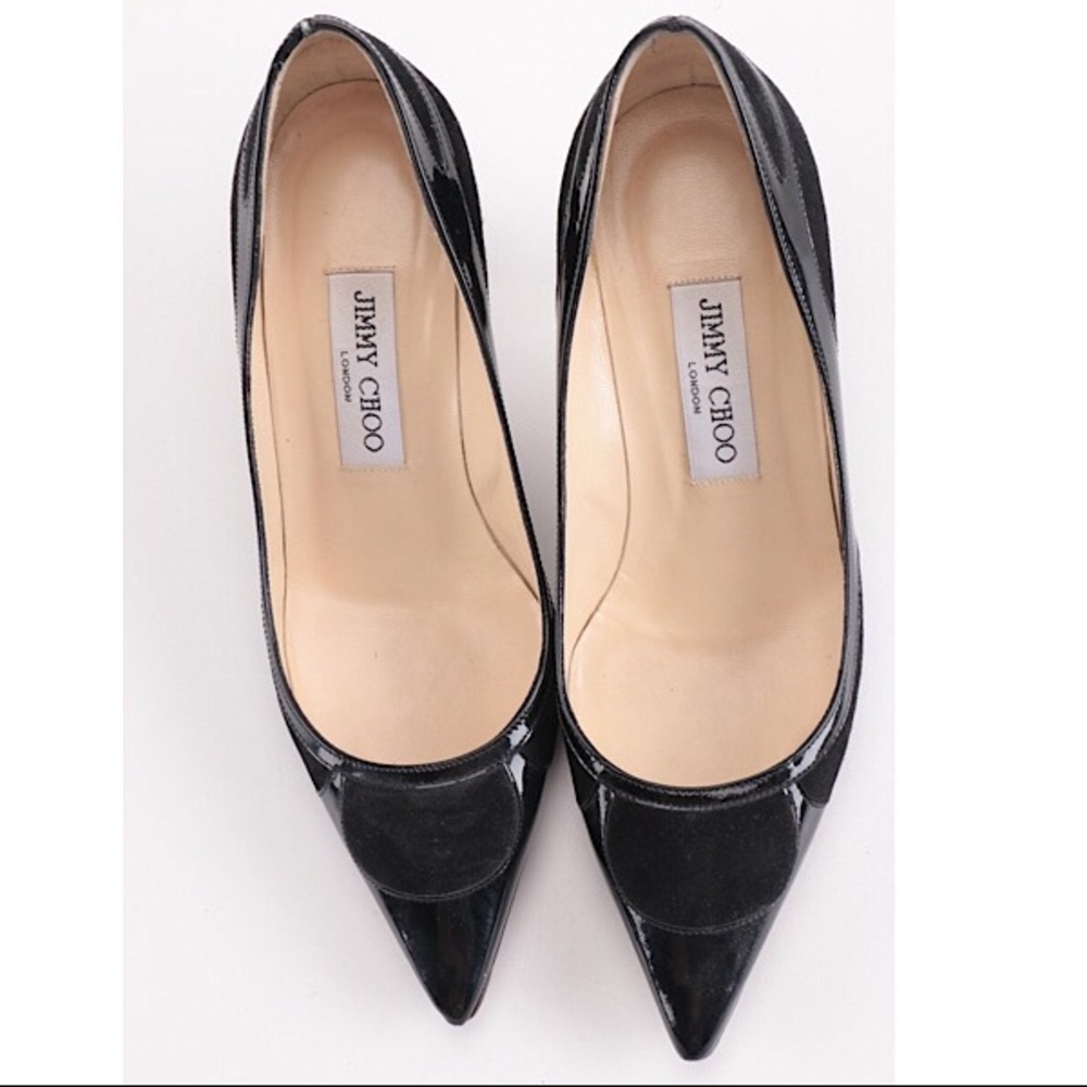 **HP** JIMMY CHOO Black Suede Patent Leather Pumps