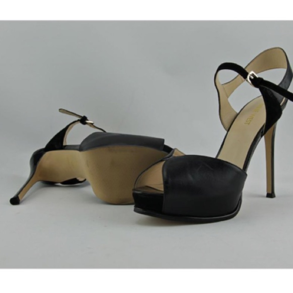 Nine West Black Leather Peep-Toe Heels 7.5