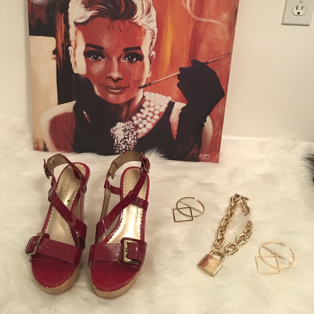 Jessica Simpson Burgundy Leather Wedge Heels