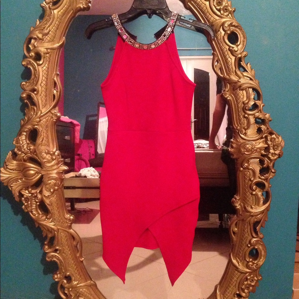 Red short dress.