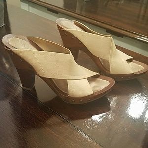 Mia faux wood leather heel wrapped clog