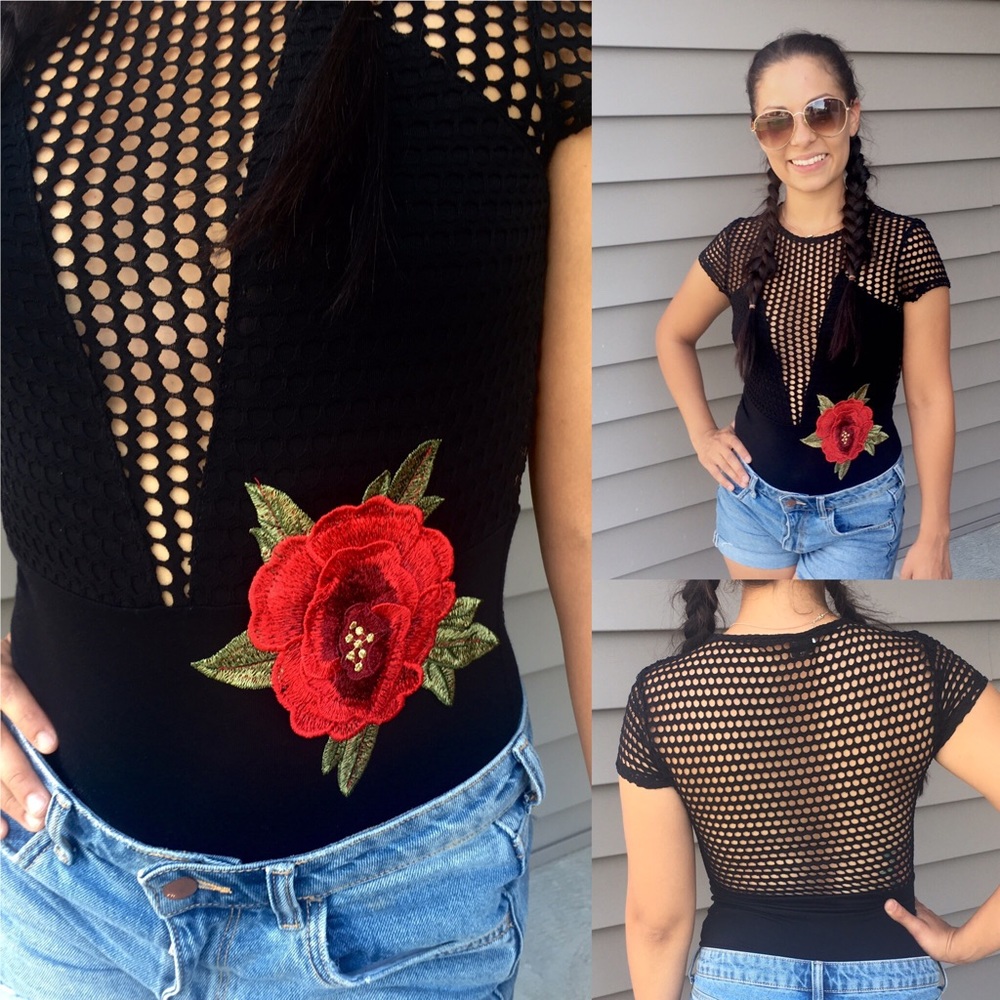 Black Fishnet Floral Bodysuit