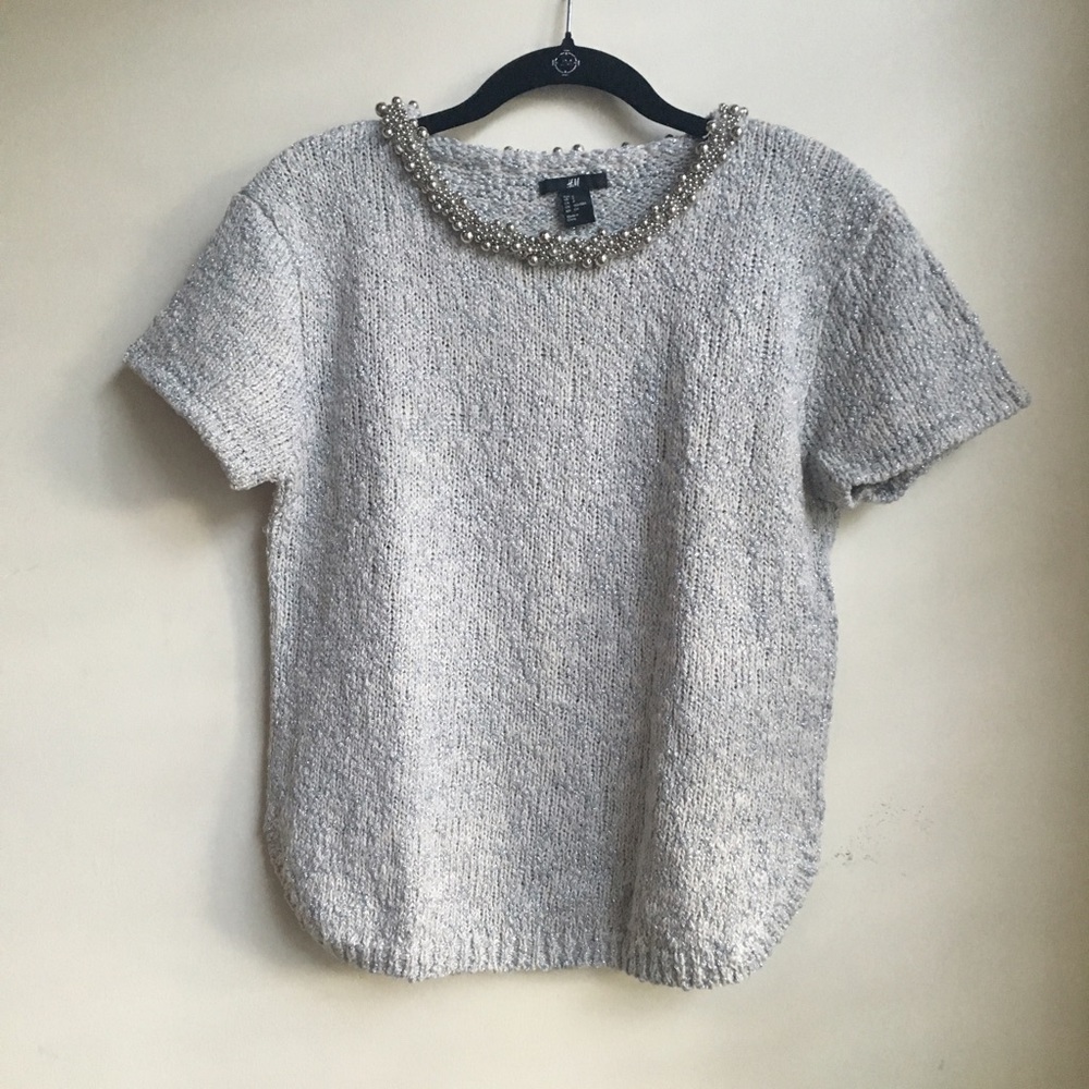 H&M Beaded Knit Metallic Short Sleeve Top