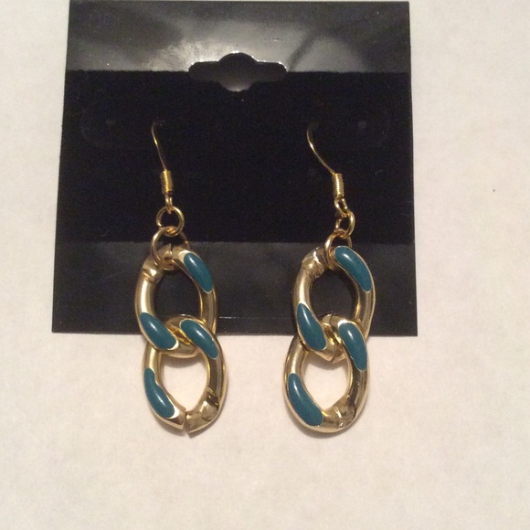 Gold tone with teal "paint" streaks earrings - Picture 1 of 3