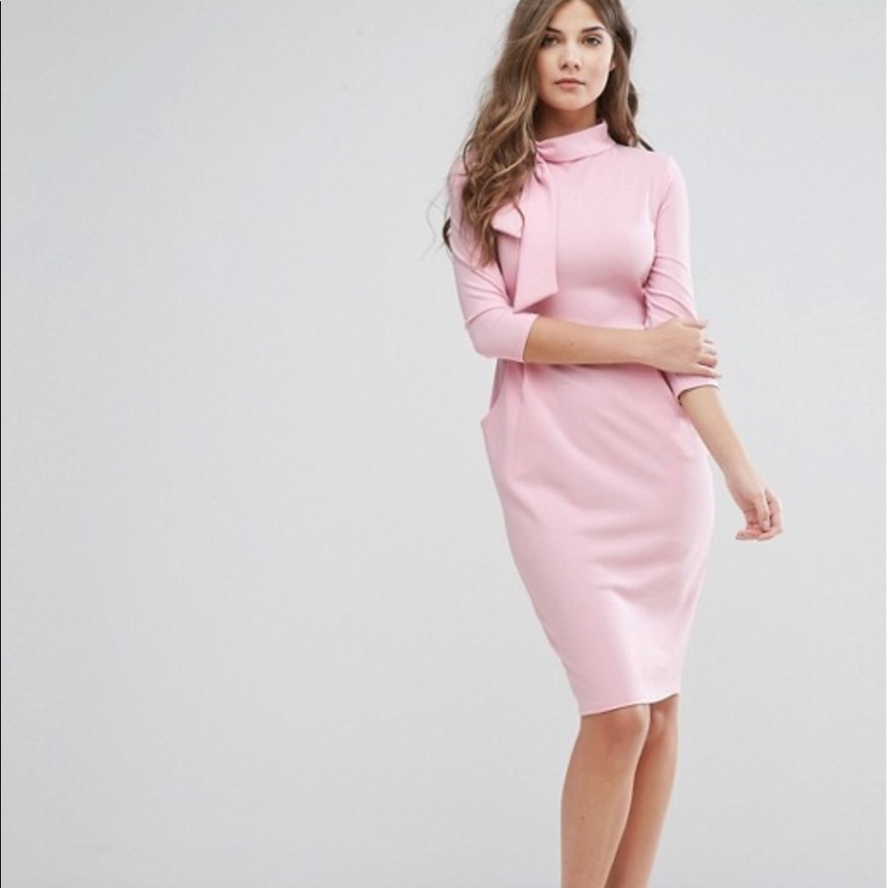 ASOS City Goddess 3/4 Sleeve Tie Neck Pencil Dress