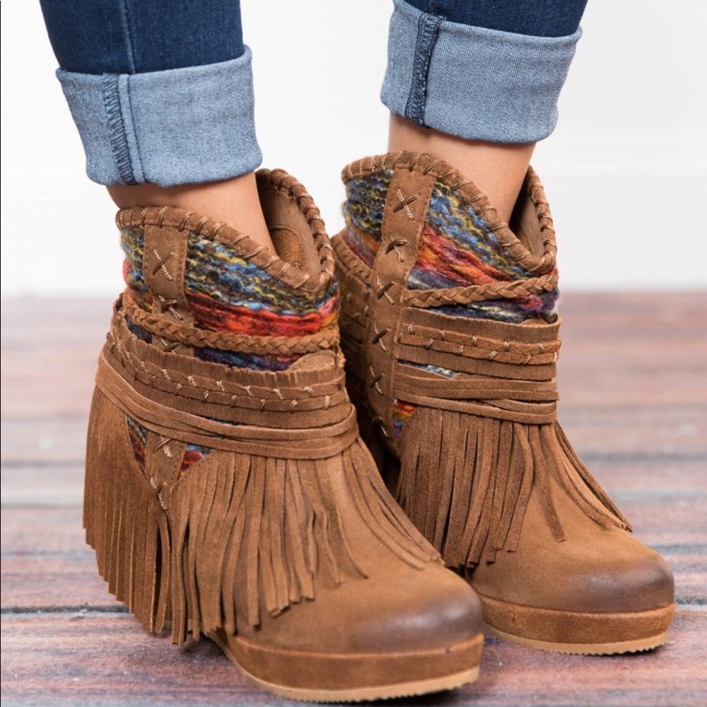 Hand Knit Festival Fringe Wedge Ankle Bootie