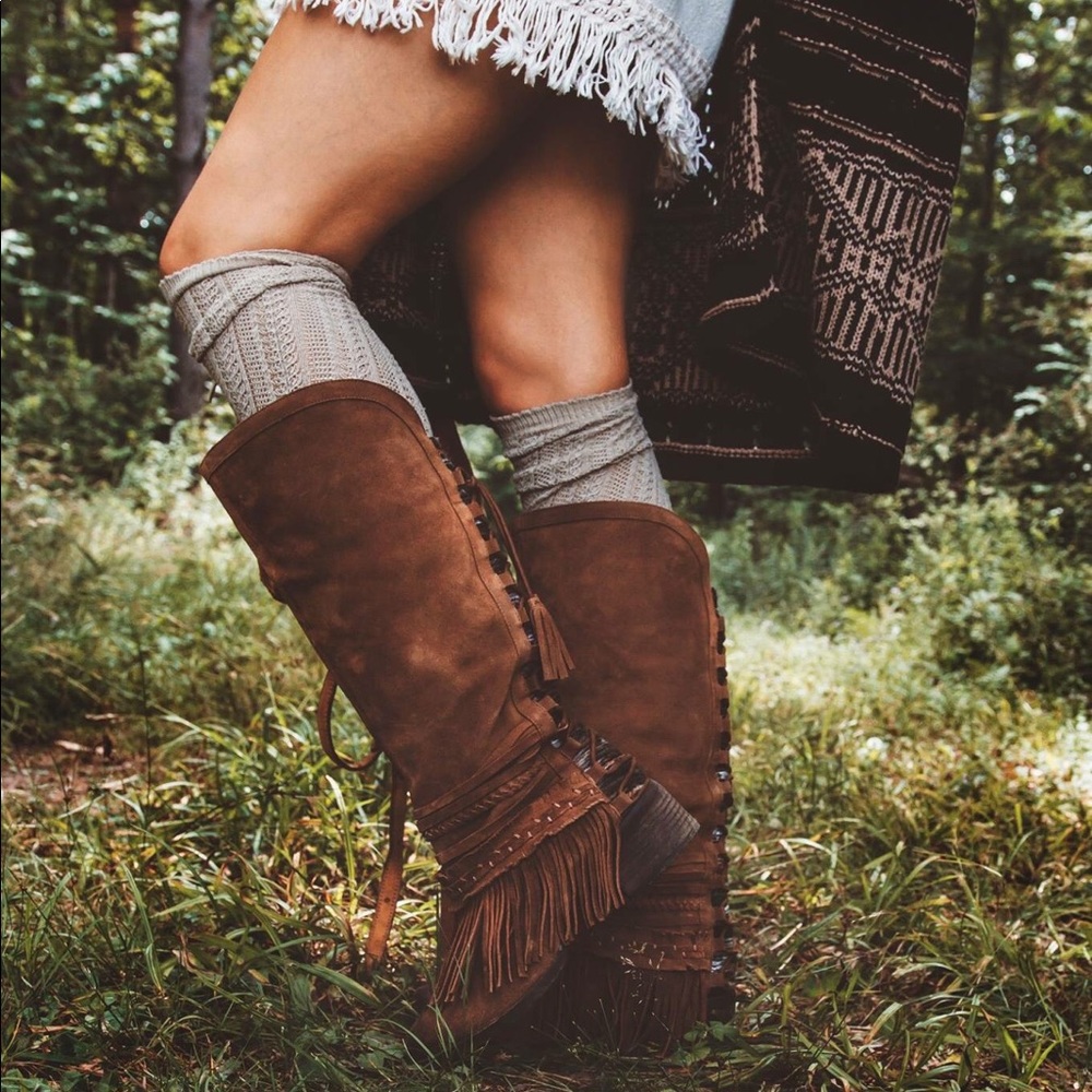 Boho Chic Taupe Fringe Leather Boots - Picture 2 of 8