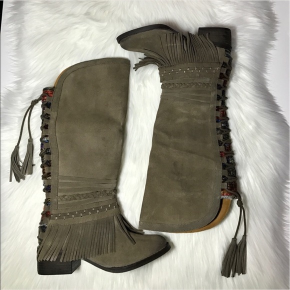 Boho Chic Taupe Fringe Leather Boots - Picture 7 of 8