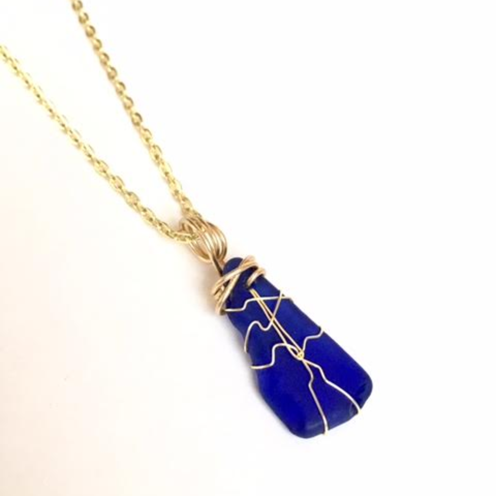 Cobalt Blue Sea Glass Necklace Wire Wrapped