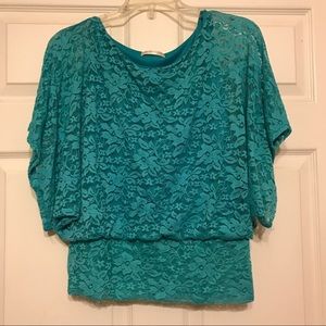 A'gaci Aqua Flowered Lace Pattern Top