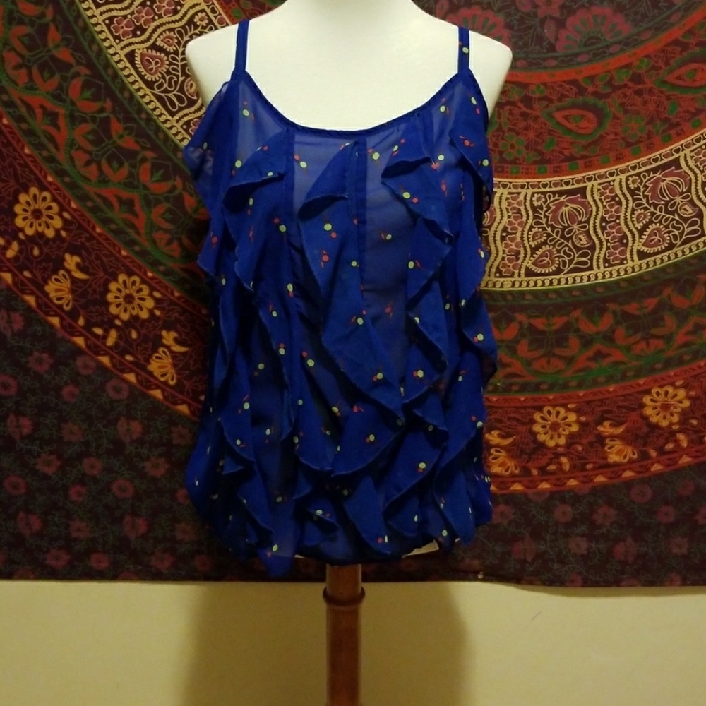 NWOT sheer blue ruffled top with polka dots