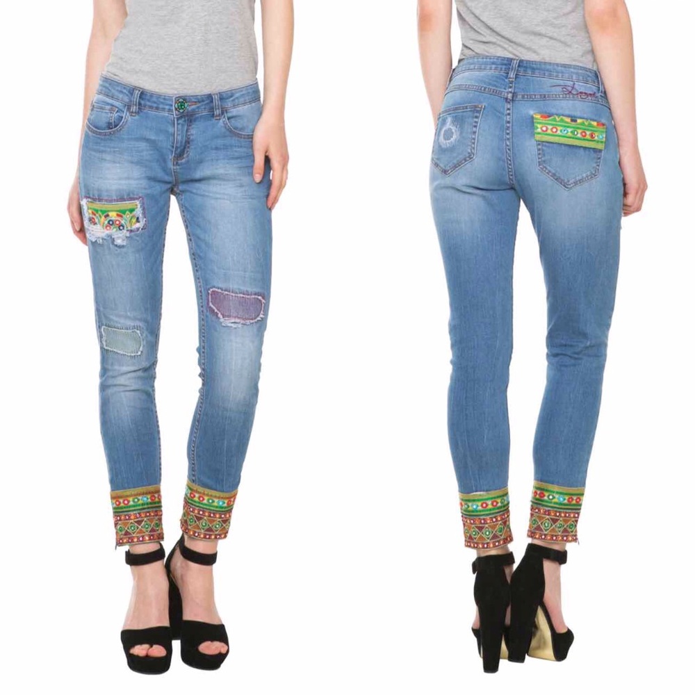 Desigual "Ethnic Ankle" Embroidered Jeans NWOT
