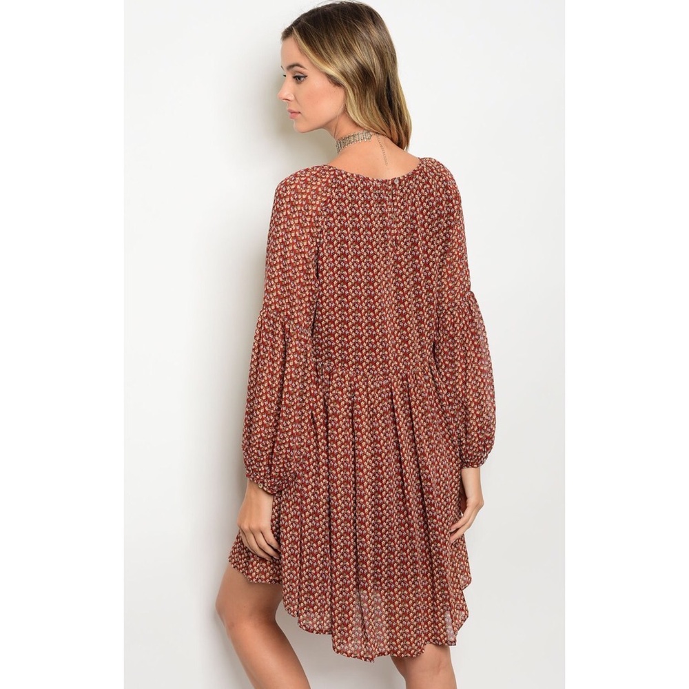 Boho Rust Floral Tunic Dress S M L - Picture 2 of 2