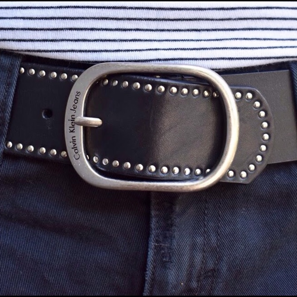 Black leather silver studded Calvin Klein belt